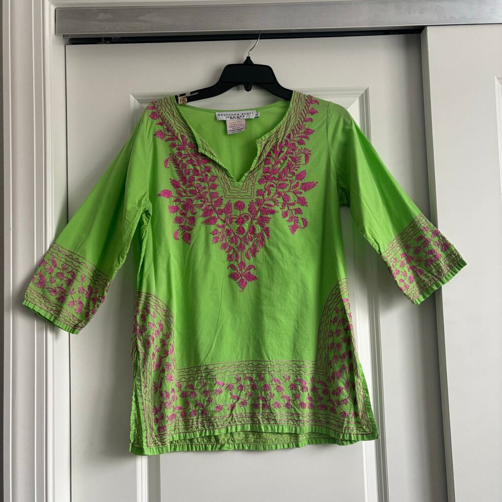 Gretchen Scott Embroidered Tunic Top Sz S Green Pink Cotton 3/4 Sleeve Coastal - Picture 2 of 9